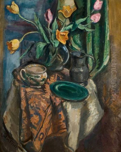 Vase De Tulipes Sur Le Gueridon Oil Painting by Emile-Othon Friesz