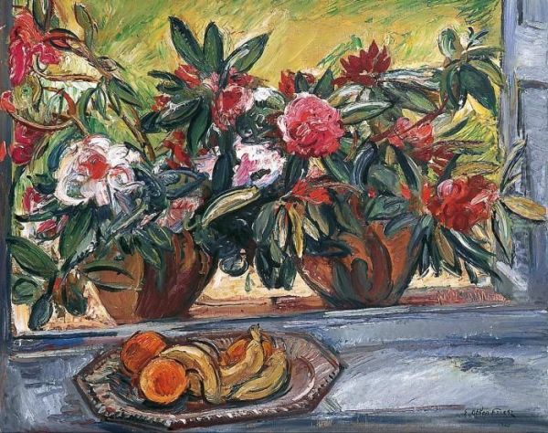 Bouquet De Rhododendrons Et Coupe De Fruits Oil Painting by Emile-Othon Friesz