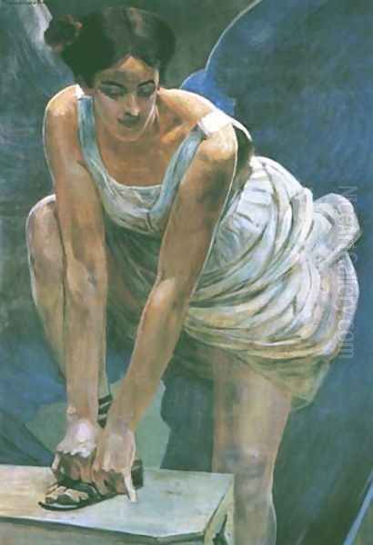 Nike Tying Her Sandal Oil Painting by Jacek Malczewski