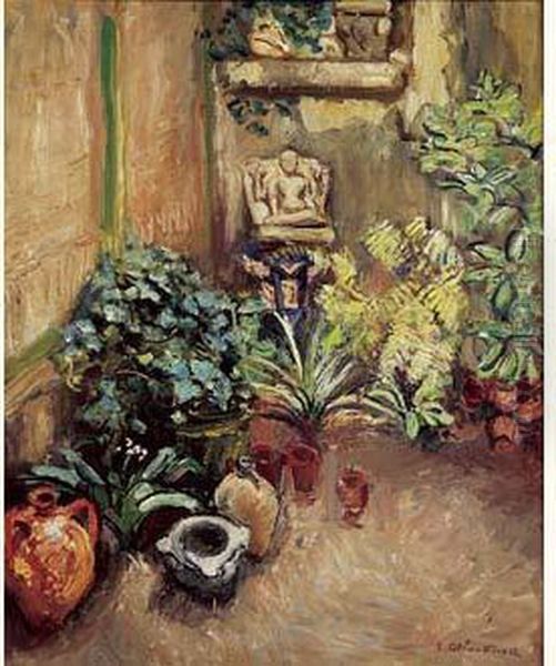 Plantes Vertes Et Bouddha Sur La Terrasse, Circa 1930. Oil Painting by Emile-Othon Friesz