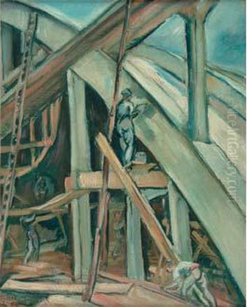  Ouvriers Sur Des Echafaudages, Hangar A Istres  Oil Painting by Emile-Othon Friesz