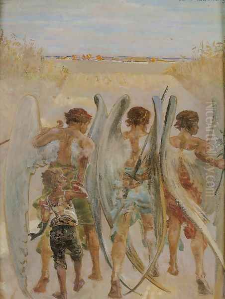 Three Angels with Tobias Oil Painting by Jacek Malczewski