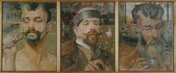 Self-Portrait with Fauns. Triptych Oil Painting by Jacek Malczewski