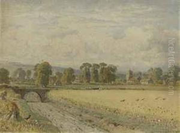 A Field Of Wheat With A Village Beyond Oil Painting by George Arthur Fripp