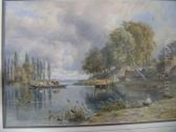 Extensive River Landscape With Figures In A Ferry Boat And Fishing Oil Painting by George Arthur Fripp