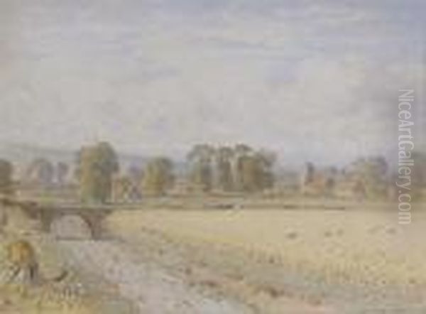 Pastoral Scene With Cornfield And Church Beyond Oil Painting by George Arthur Fripp