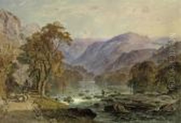 A Herd Of Sheep Passing Along A River In An Extensive Mountainouslandscape Oil Painting by George Arthur Fripp