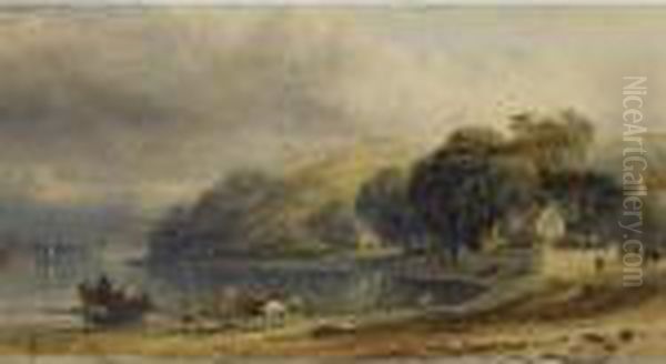 A Lakeside Landscape, Figures Repairing A Boat In The Foreground Oil Painting by George Arthur Fripp