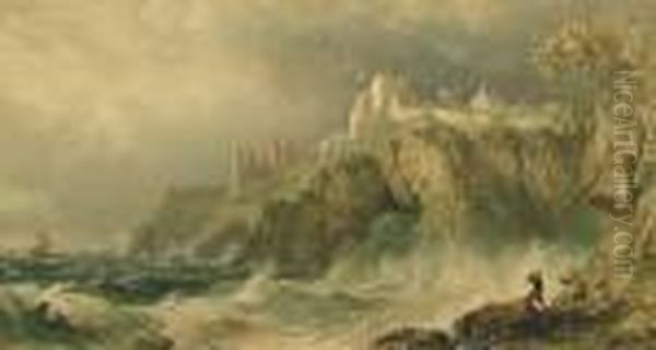 Figures In A Rocky Cove, A Castle Beyond, Possibly Tenby Oil Painting by George Arthur Fripp