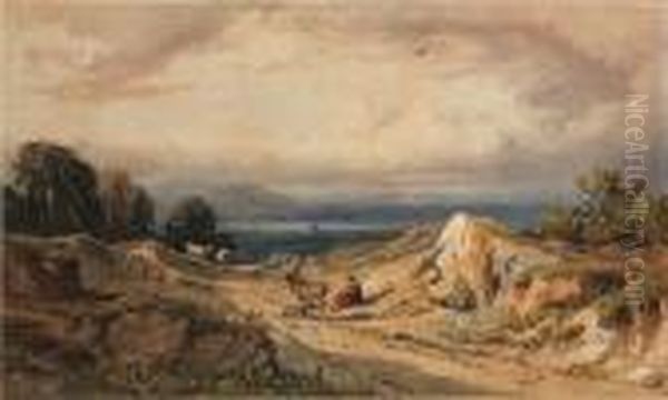 A Woman And Her Donkey Resting In An Extensive Landscape Oil Painting by George Arthur Fripp