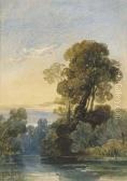 Trees On The Banks Of A Lake At Dusk, Probably Near Bristol Oil Painting by George Arthur Fripp