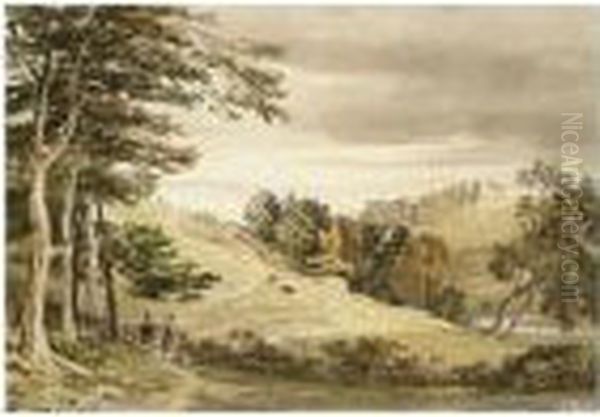 Figures By A Gateway In A Hilly Landscape Oil Painting by George Arthur Fripp