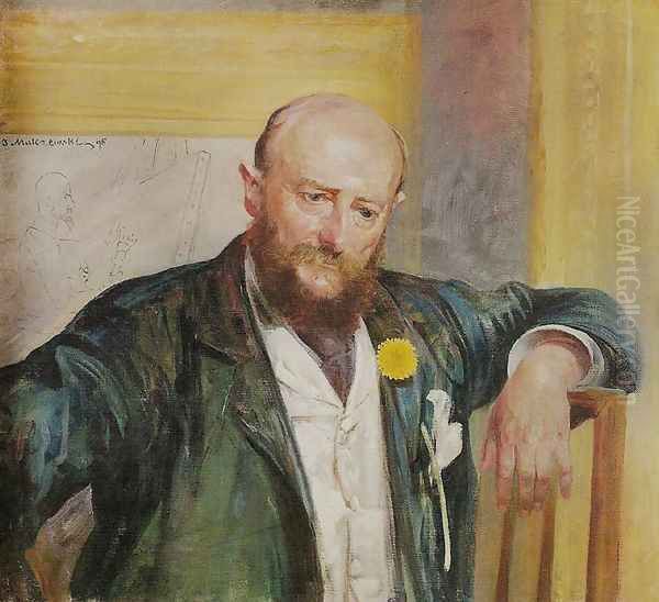 Portrait of Piotr Dobrzanski with the Artist's Self-Caricature Oil Painting by Jacek Malczewski