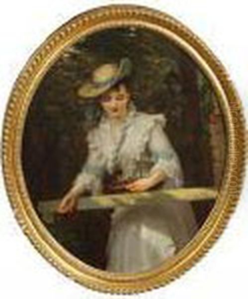 A Young Lady Wearing A White 
Dress And Straw Hat With Green Ribbon And Carrying A Basket, Standing 
Before Woodland Oil Painting by William Powell Frith