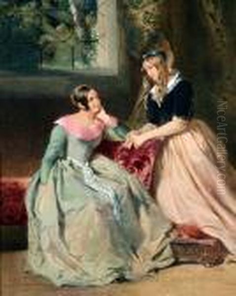 Two Elegant Young Ladies In Conversation Oil Painting by William Powell Frith