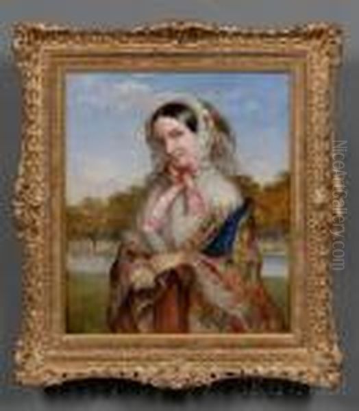 Fashionable Woman In A Paisley Shawl In A Riverscape Oil Painting by William Powell Frith