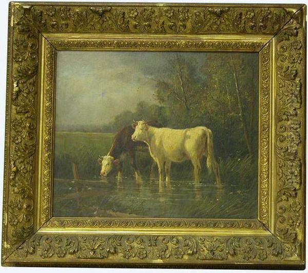 Vaches S'abreuvant Dans Une Mare Oil Painting by Eugene Fromentin