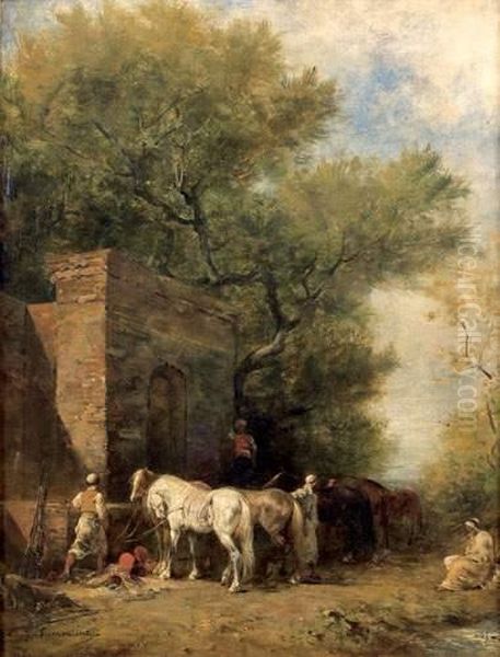 Chevaux Arabes A L'abreuvoir Oil Painting by Eugene Fromentin