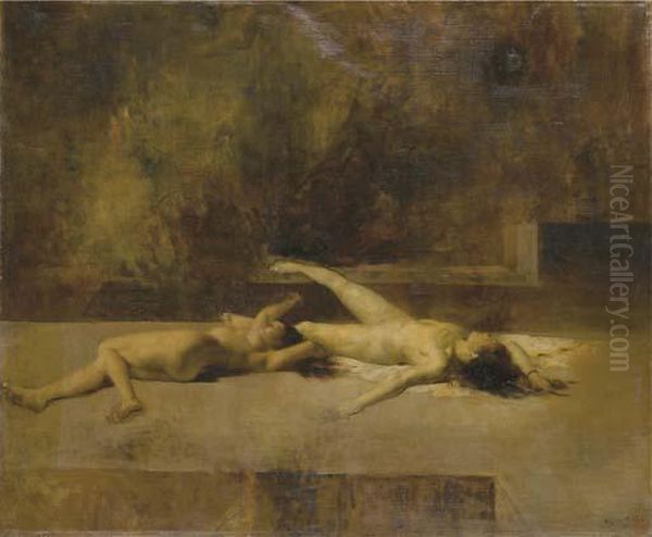 Deux Femmes Nues Allongees Sur Le Sol : Une Etude Pourl'incendie Oil Painting by Eugene Fromentin