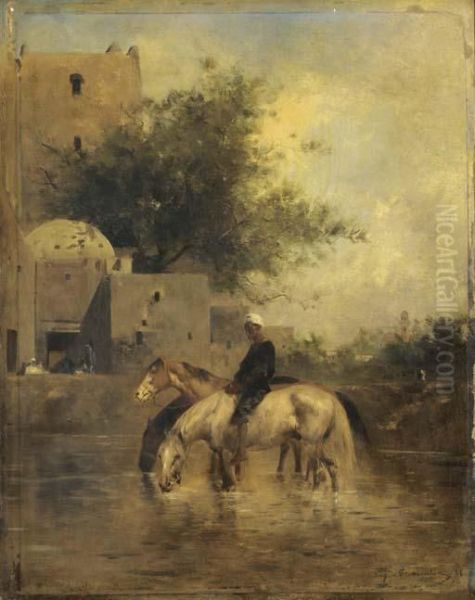 Horses Watering In A River Oil Painting by Eugene Fromentin