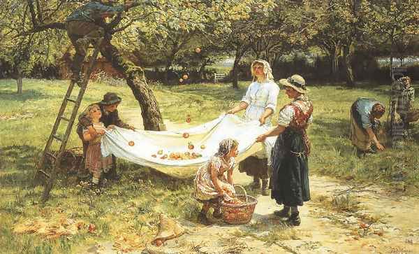 An Apple-gathering Oil Painting by Frederick Morgan