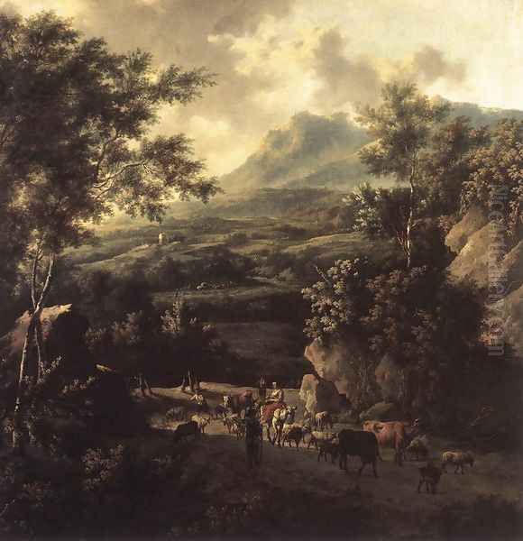 Mountain Scene with Herd of Cattle Oil Painting by Frederick De Moucheron