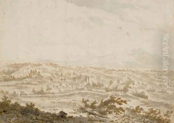 Un paysage avec un chateau, des maisons, une montagne à l'arriere-plan Oil Painting by Frederick De Moucheron