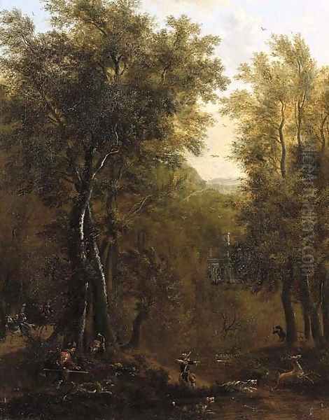 A stag hunt in a wood by a country mansion Oil Painting by Frederick De Moucheron