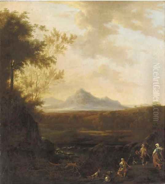 An extensive river landscape with a goatherd playing a pipe and two peasants dancing Oil Painting by Frederick De Moucheron