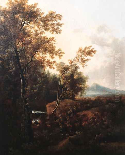 Birch Trees by a torrent in an Italianate landscape Oil Painting by Frederick De Moucheron