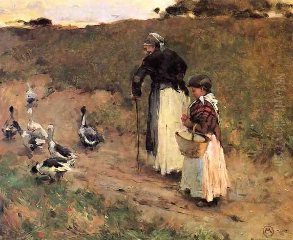 Old Woman with Child and Goose Oil Painting by Willard Leroy Metcalf