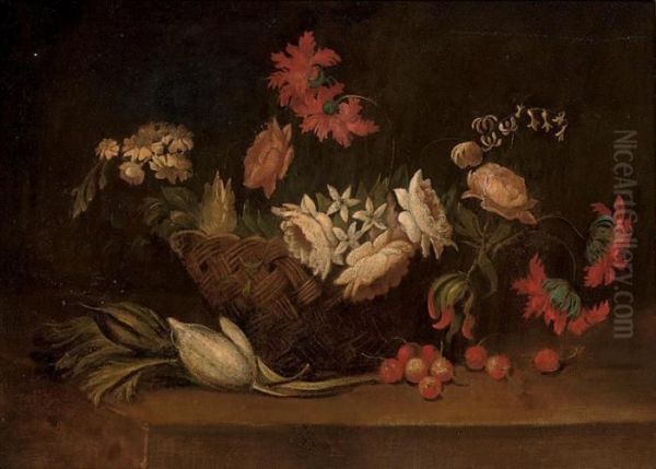 Roses, Carnations, Peonies And 
Other Flowers In A Basket, With Parsley, Tulips And Cherries On A Stone 
Ledge Oil Painting by Jan Fyt