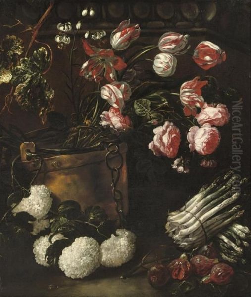 Tulips, Roses And Other Flowers In A Copper Bucket With Asparagus And Figs Oil Painting by Jan Fyt