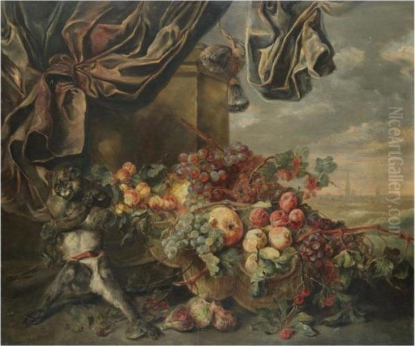 A Still Life With Grapes And Peaches In Baskets Together With Amonkey Oil Painting by Jan Fyt