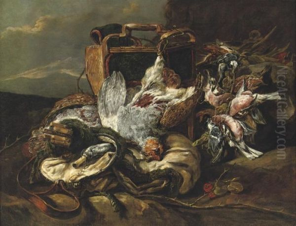 Game Including A Partridge, 
Finches And Sparrows With Huntingequipment In A Rocky Landscape Oil Painting by Jan Fyt