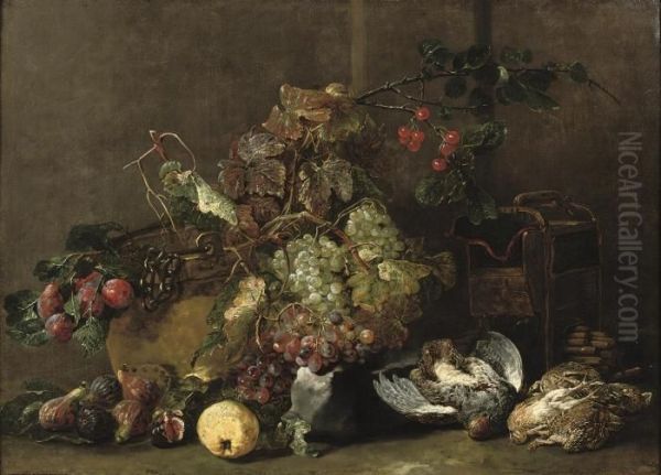 Mixed Grapes, Cherries And Plums
 By A Cauldron With Figs, An Apple,a Partridge And Four Quails Nearby Oil Painting by Jan Fyt