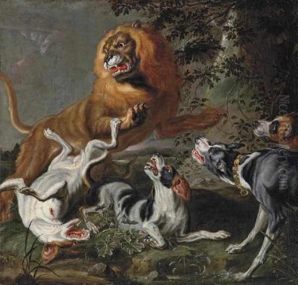 A Lion Attacked By A Pack Of Hounds In A Wooded Landscape Oil Painting by Jan Fyt