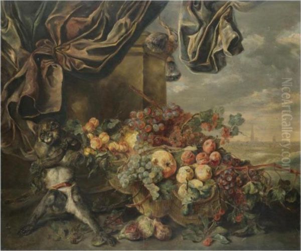 Still Life With Grapes And Peaches In Baskets Together With A Monkey Oil Painting by Jan Fyt