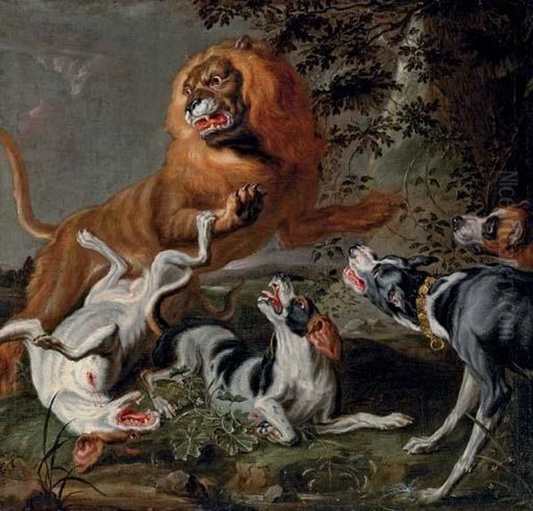 A Lion Attacked By A Pack Of Hounds In A Wooded Landscape Oil Painting by Jan Fyt