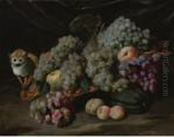 Still Life Of Grapes, Peaches And Other Fruit With A Monkey Oil Painting by Jan Fyt