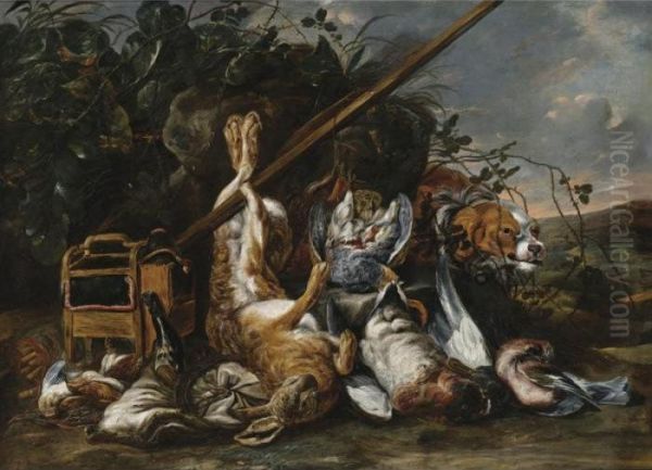 Game And Hunting Acoutrements In A Landscape Oil Painting by Jan Fyt