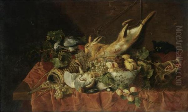 A Still Life With A Hare, A 
Partridge, A Bowl Of Fruit, A Boar's Head, A Flagon Of Wine, A Black Cat
 And A Grey Parrot, All Arranged On A Table Draped With A Red Cloth Oil Painting by Jan Fyt