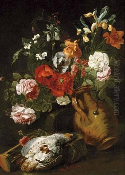 Roses, Iris, Poppies, Lilies And
 Other Flowers In A Tipped Earthenware Vase With A Partridge And 
Hourglass, On A Bank Oil Painting by Jan Fyt