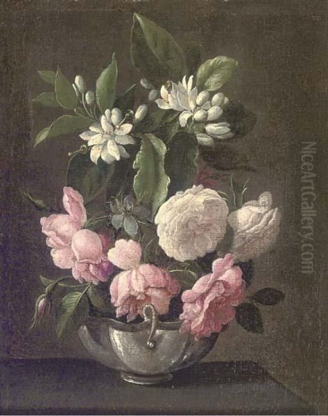 Roses And Syringa In A Vase On A Ledge Oil Painting by Jan Fyt