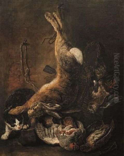 A Hare, Pigeons And Other Game With A Cat Oil Painting by Jan Fyt