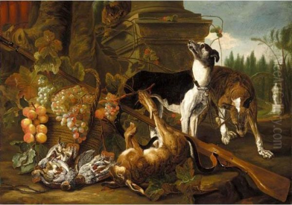 A Still Life Of Two Greyhounds, A
 Hare, A Cat And Partridges Together With A Musket And Baskets Of Fruit,
 In A Parkland Setting Oil Painting by Jan Fyt