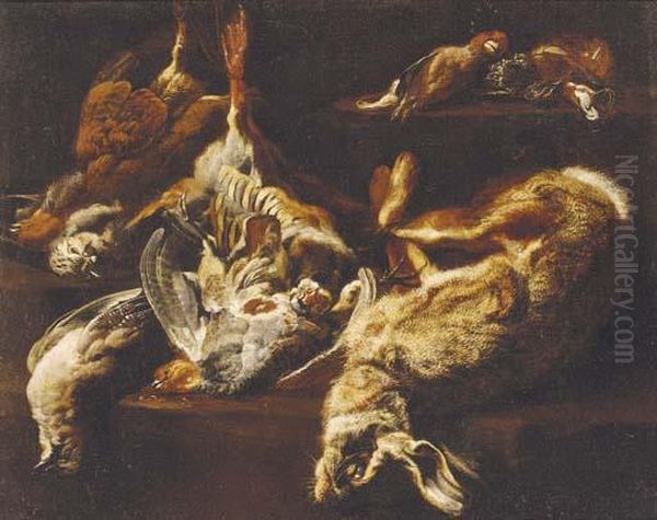 A Hunting Still Life With A Hare, Partridges, A Jay, And Other Birds On A Ledge Oil Painting by Jan Fyt