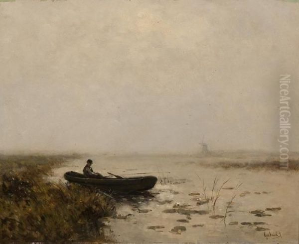 Fisherman In His Boat In A Polderlandscape Oil Painting by Paul Joseph Constantine Gabriel