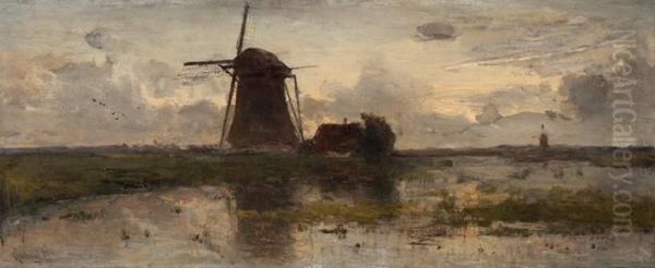 Mills In A Polder Landscape Oil Painting by Paul Joseph Constantine Gabriel