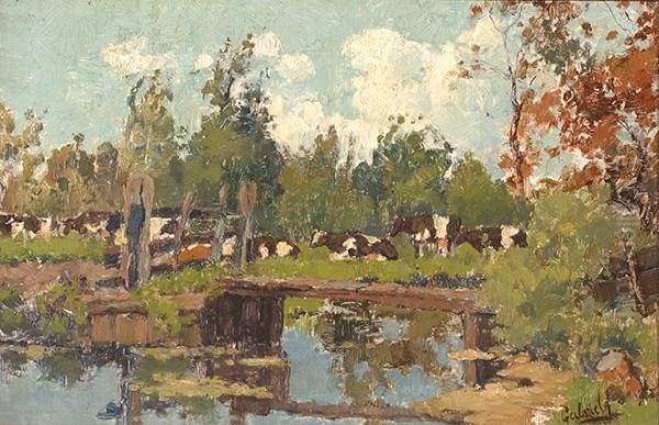 Cows On The Water's Edge Oil Painting by Paul Joseph Constantine Gabriel